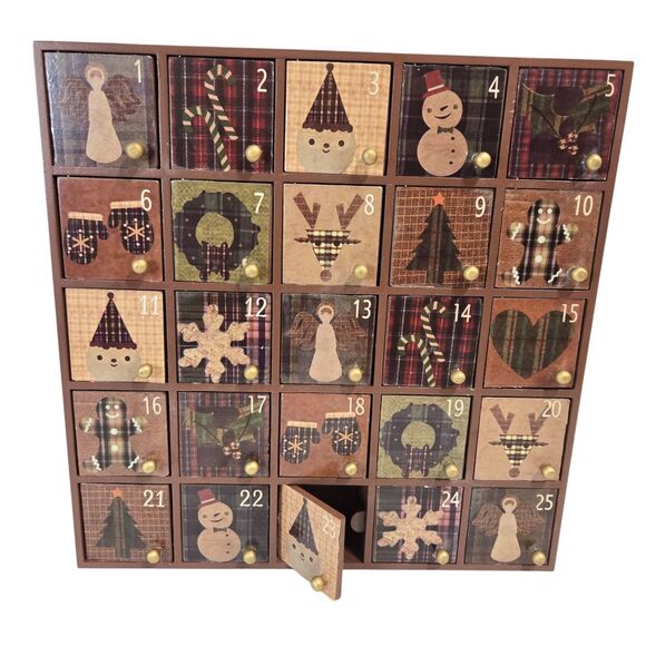 Christmas Country Advent Calendar Wood 13" Countdown Magnetic Doors Transpac - Picture 1 of 11